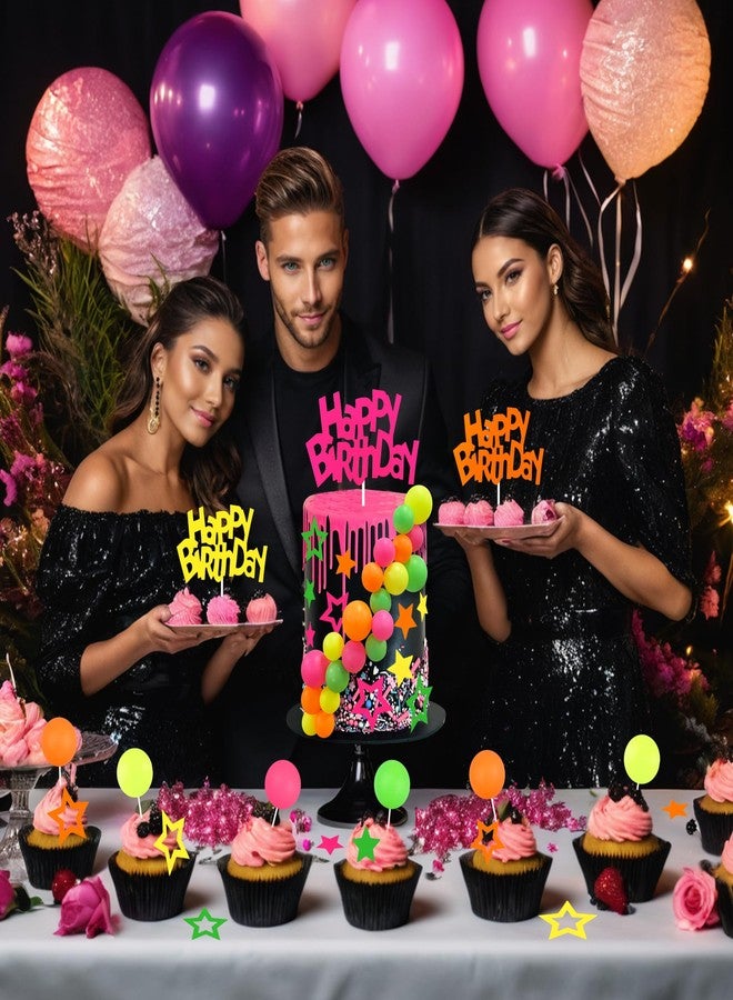 SPFYunion مجموعة تزيين الكيك المضيئة (40 قطعة) مع كرة ونجمة وزينة "عيد ميلاد سعيد"، زينة حفلات للكيك النيون، لوازم حفلات بإضاءة سوداء بأربعة ألوان - Image 4